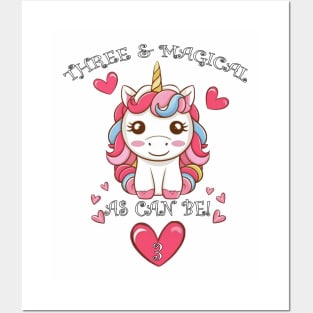 Kids 3 Year Old Cute Unicorn Birthday Posters and Art